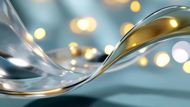 Metallic curves dissolve into soft bokeh light, minimalist holographic palette creating serenity and balance, with copy space.
