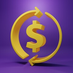 Yellow Financial growth and dollar coin icon isolated on purple background. Increasing revenue. Minimalism concept. 3D render illustration