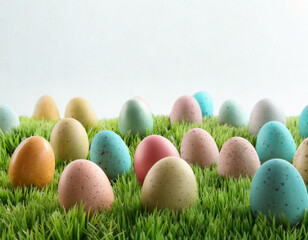 Pastel easter eggs scattered on vibrant green grass