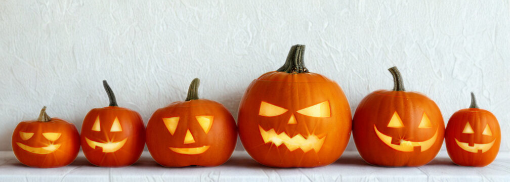 A lineup of carved halloween pumpkins glowing with light - Powered by Adobe