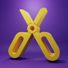 Yellow Scissors icon isolated on purple background. Tailor symbol. Cutting tool sign. Minimalism concept. 3D render illustration