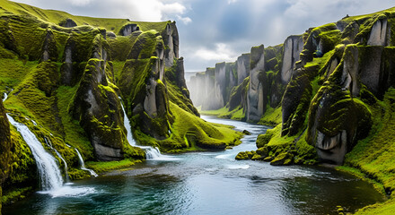 Majestic Fjaðrárgljúfur Canyon, river winding through moss covered cliffs