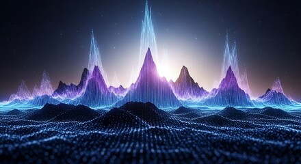 A futuristic digital landscape of glowing sound waves forming mountain peaks over a textured grid.