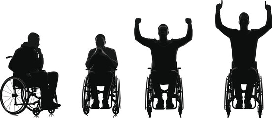 Black silhouette of four wheelchair users in expressive poses, vector illustration for empowerment, inclusion, and emotional diversity concept