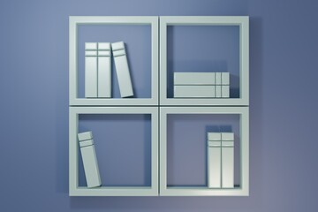 Obraz premium Grey Shelf with books icon isolated on purple-blue background. Shelves sign. Minimalism concept. 3D render illustration