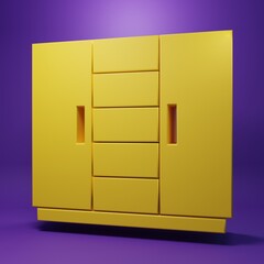Yellow Wardrobe icon isolated on purple background. Minimalism concept. 3D render illustration