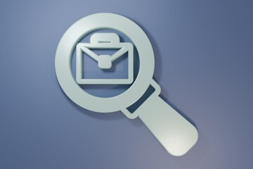 Grey Magnifying glass with briefcase icon isolated on purple-blue background. Job hunting icon. Work search concept. Unemployment, head hunting, career. Minimalism concept. 3D render illustration