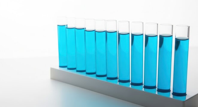 A row of test tubes filled with vibrant blue liquid stands against a clean white background isolated on white background - Powered by Adobe