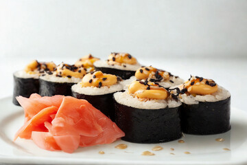 Delicious sushi rolls with pickled ginger on a white plate