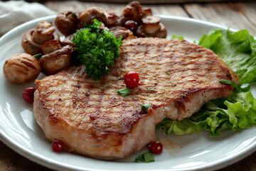 Juicy grilled pork chops with mushrooms and broccoli