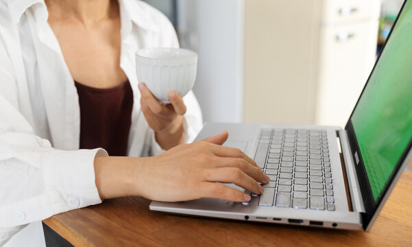 Young woman working at home, using laptop computer with blank green screen display mockup. Asian woman looking at laptop screen in kitchen.