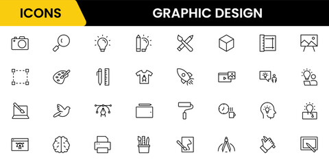 Graphic design web icons set in duotone outline stroke design. Pack pictograms with color palette, content, freelance, print, painting, brainstorm, portfolio, creative idea, tool. Vector illustration.