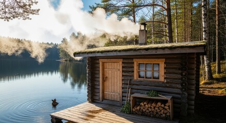Rustic lakeside sauna cabin with smoke in scenic forest landscape