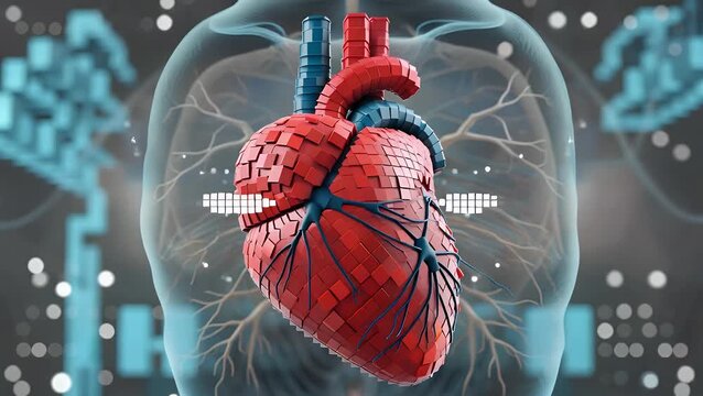 conceptual digital artwork representing advancements in healthcare  featuring a three-dimensional model of a human vital organ composed of pixelated