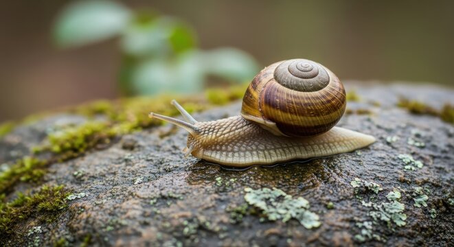 A garden snail crawling on a mossy rock in a natural environment, with blurred green foliage in the background