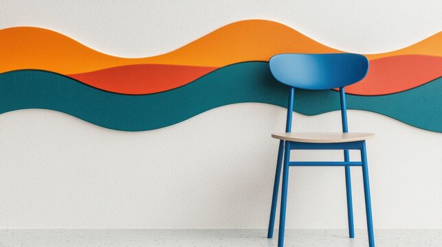 A blue chair with a light wood seat and backrest sits against a white wall with a wave-like pattern.