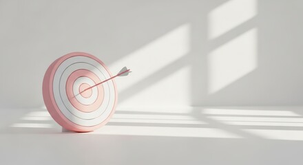 Minimalist 3D Pink Target with an Arrow Hitting the Bullseye on a White Background. Concept of Goal Achievement, Success, Marketing Strategy, and Accuracy.