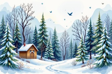 Naklejka premium Winter Landscape with Cabin and Snowy Forest