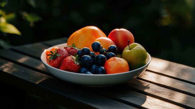 A white bowl filled with a variety of fruits sits on a wooden table.