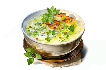 Vector illustration of broccoli soup in a white bowl for healthy organic food concept