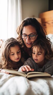 Engaging family scene of a mother reading a book with her two children in a cozy bedroom, showcasing warmth, connection, and shared joy in storytelling moments