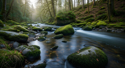 Enchanting riparian vista: A tranquil river cascading through a mossy forest