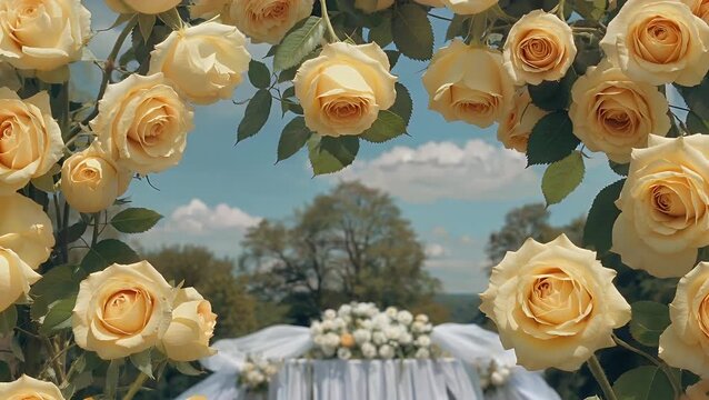 and Frame Composed of Pale Yellow Rose Blooms Creating a Soft Pastel