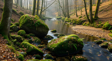 Serene Autumnal Forest Stream with Moss-Covered Rocks and Misty Atmosphere