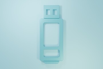 Blue USB flash drive icon isolated on blue background. Minimalism concept. 3D render illustration