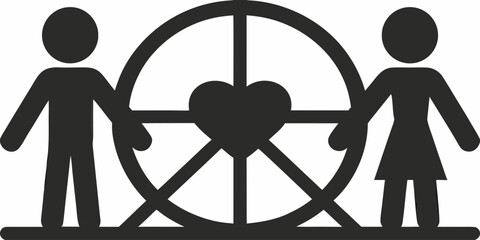 Symbol of love and partnership as a couple stands together framing a heart inside a wheel, ideal for wedding, anniversary, or relationship graphics