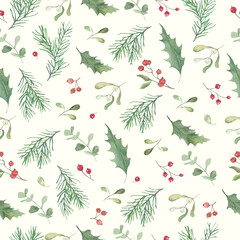 Seamless Christmas watercolor pattern featuring pine branches, red berries, holly and mistletoe leaves. Perfect for holiday cards, wrapping paper, fabric prints, and seasonal designs. Vector EPS.