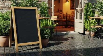 Realistic Blank Chalkboard Menu Board Mockup Outdoor Cafe Restaurant Scene