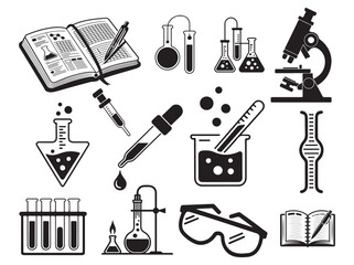 Obraz premium Laboratory Science Vector Icons – Chemistry Equipment, Microscope, Beaker, Test Tube, Research Tools Illustration.