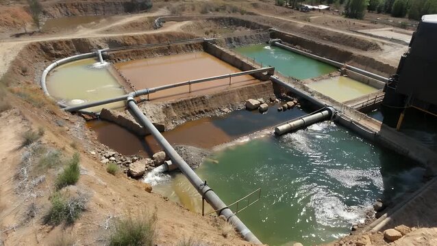 elevated perspective of containment reservoirs and purification lagoons at a mineral extraction location  illustrating multiple ponds with diverse aqueous states for managing effluent and operational