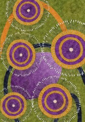 A pattern of circles with different colors and sizes, some with white dots around the perimeter.