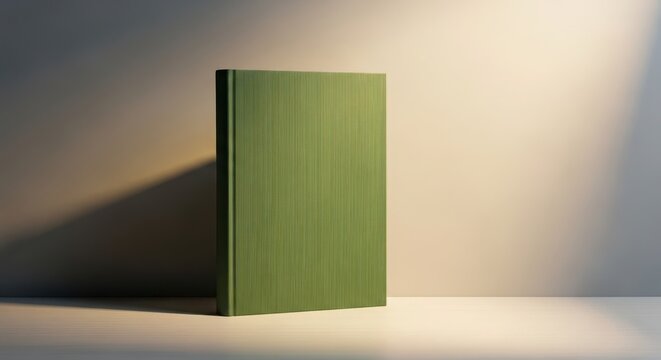 A green textured book stands against a neutral wall, bathed in soft light, casting a gentle shadow, creating a serene ambiance