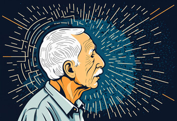 profile of an older man with a mustache against a dark background with an abstract explosion of light and data fragments representing an idea or cognitive activity.