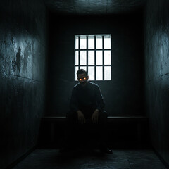 A mysterious man with glowing demonic eyes sits in the shadows of a dark, cold prison cell, illuminated by a barred window