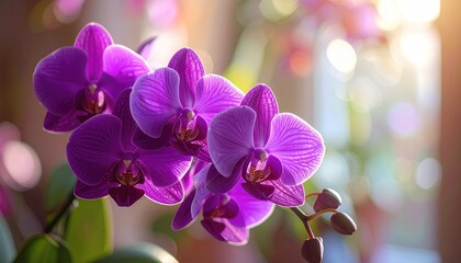 Vibrant purple orchid flowers bloom bathed in soft morning sunlight with bokeh background and delicate petals detailed texture