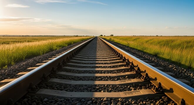 Endless railway tracks stretching through open countryside at sunset - Powered by Adobe