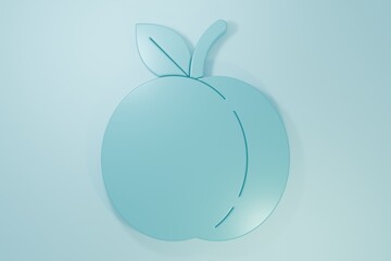 Blue Peach fruit or nectarine with leaf icon isolated on blue background. Minimalism concept. 3D render illustration