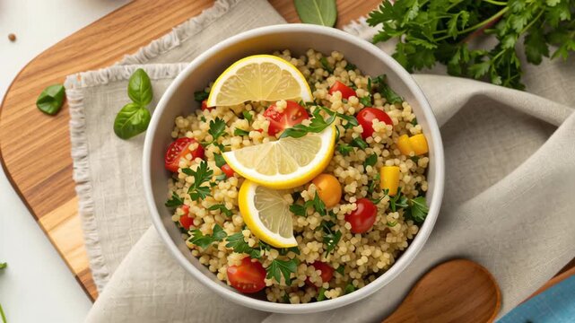 Allergy aware cooking. Vibrant and Appetizing Couscous Salad with Cherry Tomatoes, Lemon, and Fresh Herbs on Wooden Board. Fresh, Healthy Meal