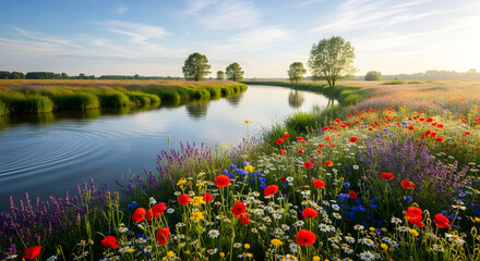 Idyllic river scene with vibrant wildflowers blooming along the bank at sunrise