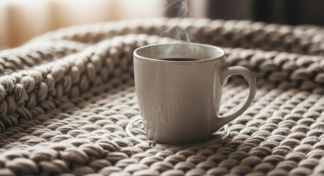 A steaming cup of coffee sits atop a cozy, handknitted blanket, inviting warmth and relaxation on a chilly morning at home