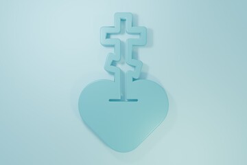 Blue Religious cross in the heart inside icon isolated on blue background. Love of God, Catholic and Christian symbol. People pray. Minimalism concept. 3D render illustration