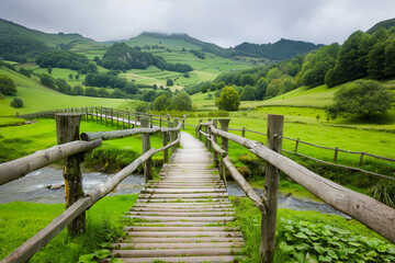 Fototapeta premium A picturesque wooden bridge spans across a tranquil mountain str