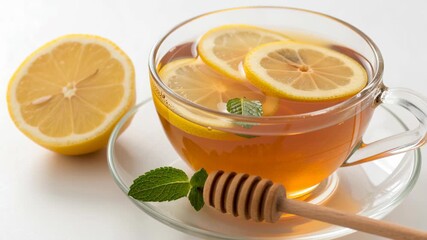 Allergy aware cooking. Refreshing Scene Clear Glass Cup of Herbal Tea with Lemon Slices, Mint Leaves, and Honey Dipper