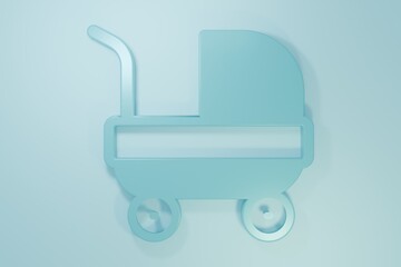 Blue Baby stroller icon isolated on blue background. Baby carriage, buggy, pram, stroller, wheel. Minimalism concept. 3D render illustration