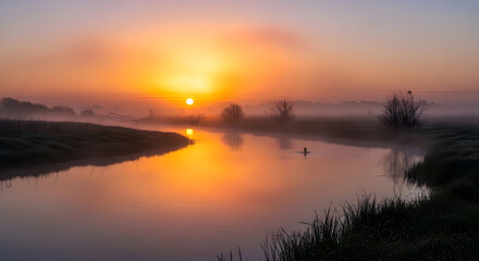 Enigmatic Sunrise over the Misty River Landscape with solitary silhouette