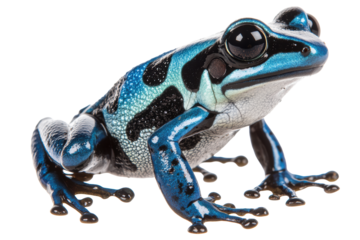 Black and cyan poison dart frog crouching
